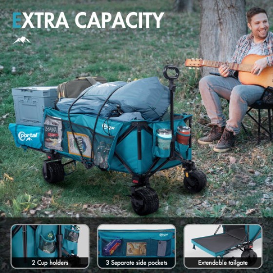 Portal フェスティバルビーチトロリー ブレーキ付き - 広いホイール300L キャンピングワゴン 可調式テールゲート付き - 重型折りたたみワゴン ガーデンイベント用